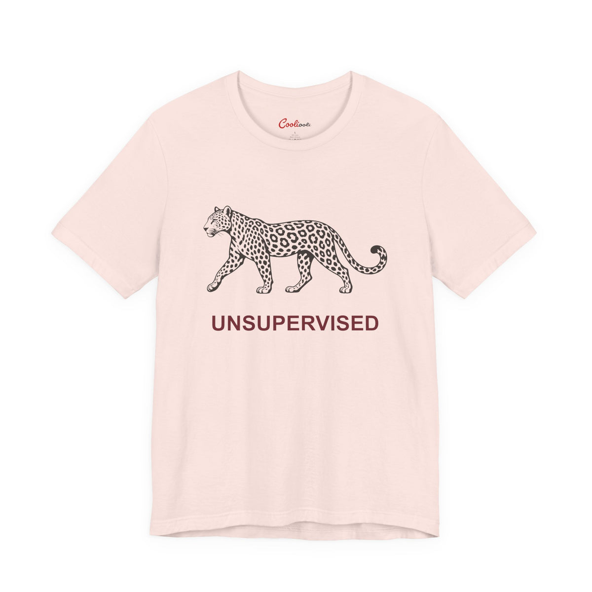 UNSUPERVISED leopard graphic on the Soft Pink Bella+Canvas 3001 tee — accurate supplier front colour view