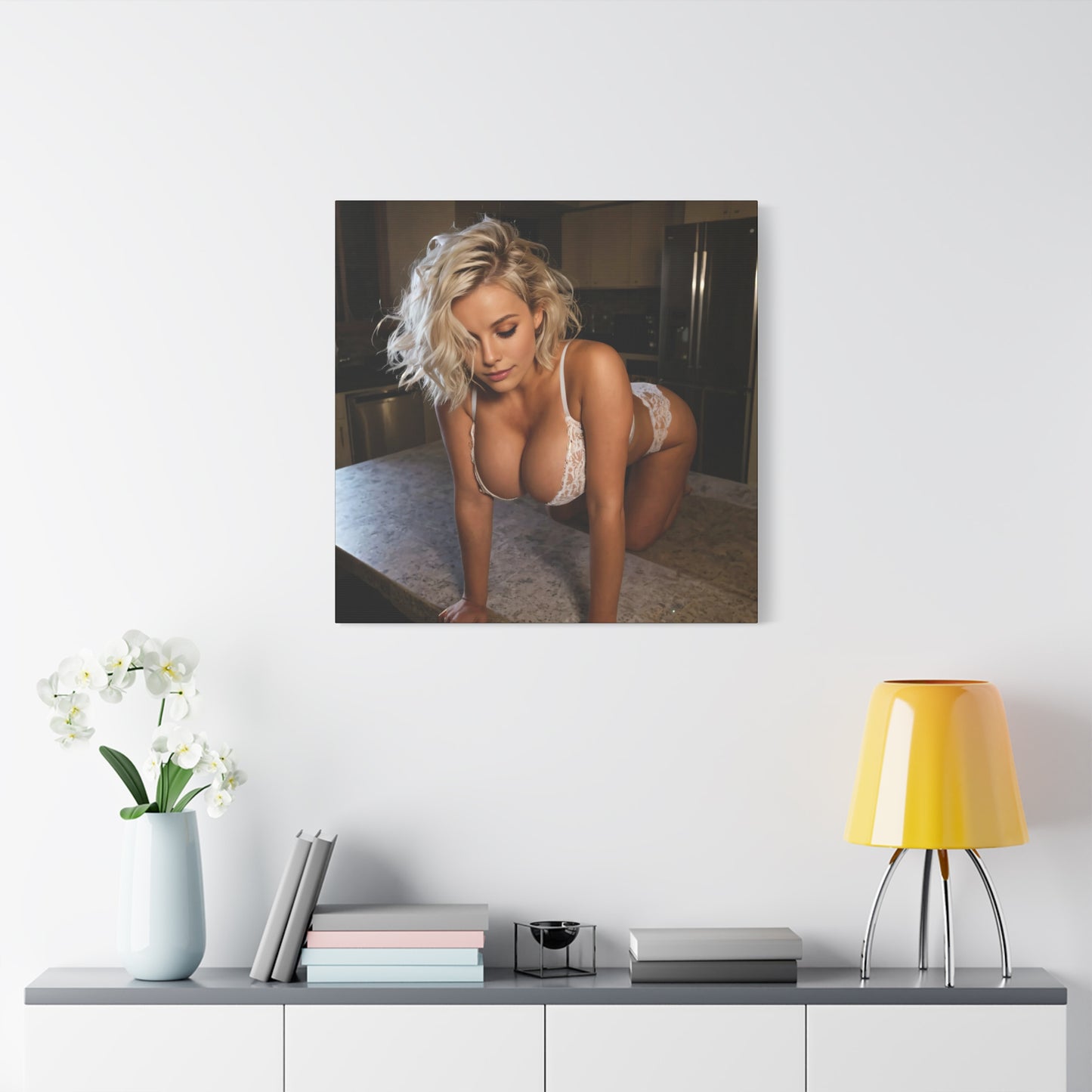 Blonde Goddess in White Lingerie, HayleyJane Cox Kitchen Table Seductive Pose