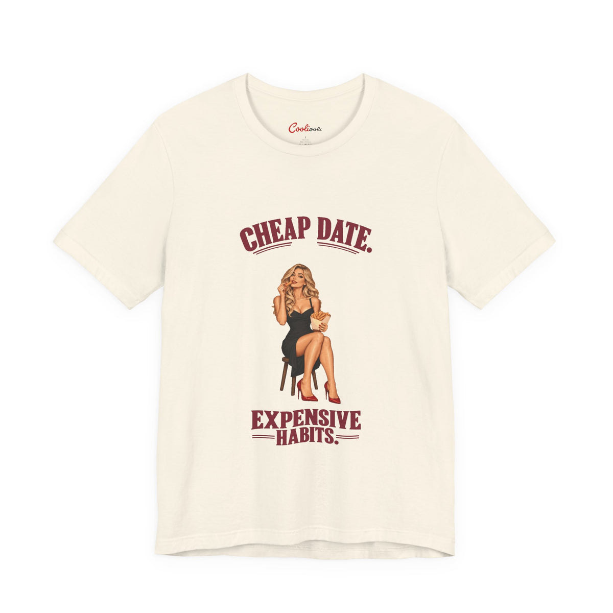 Cheap Date. Expensive Habits. Bella+Canvas 3001 T-shirt in Natural, front flat lay with burgundy lettering and black dress, red heels and chips illustration.