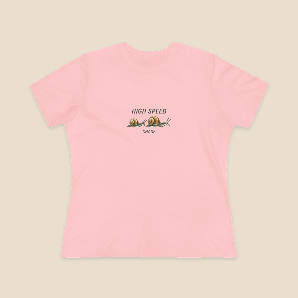 HIGH SPEED CHASE and two original garden snails on the Pink Bella+Canvas 6400 women’s relaxed-fit tee; front colour preview.