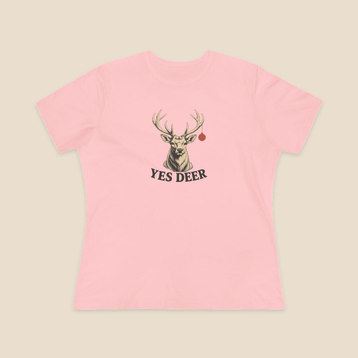 YES DEER stag and one red bauble on the Pink Bella+Canvas 6400 women’s relaxed-fit tee; actual supplier front colour preview.