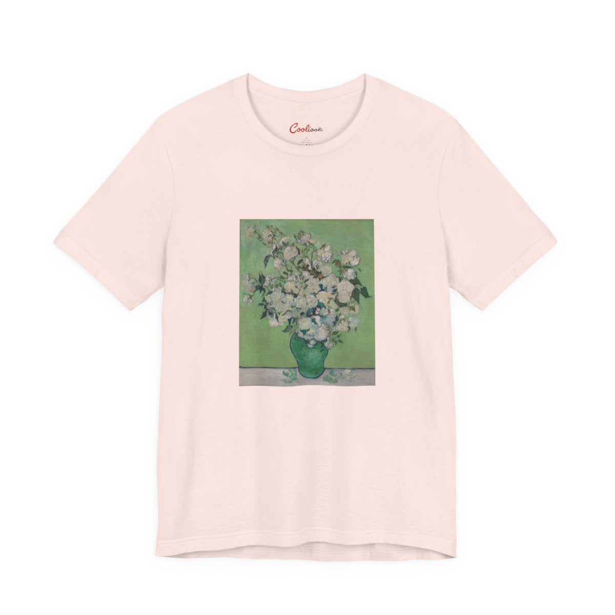 Van Gogh Roses Bella+Canvas 3001 T-shirt in Soft Pink, full front flat lay.