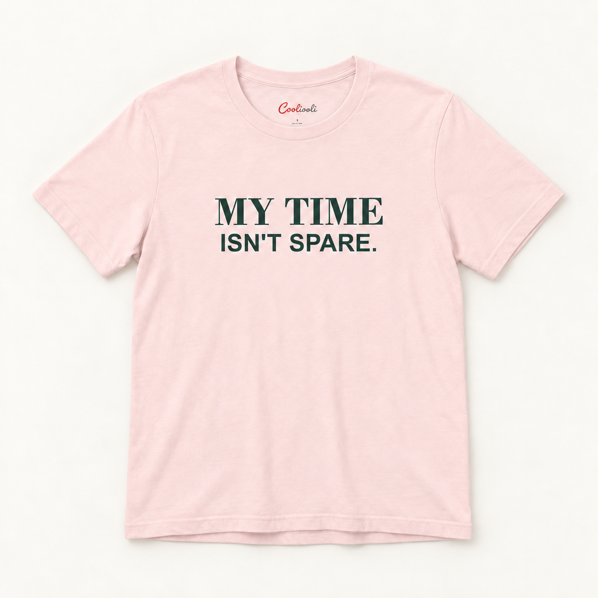 MY TIME ISN'T SPARE. Bella+Canvas 3001 tee in Soft Pink, overhead view on a plain warm neutral studio background