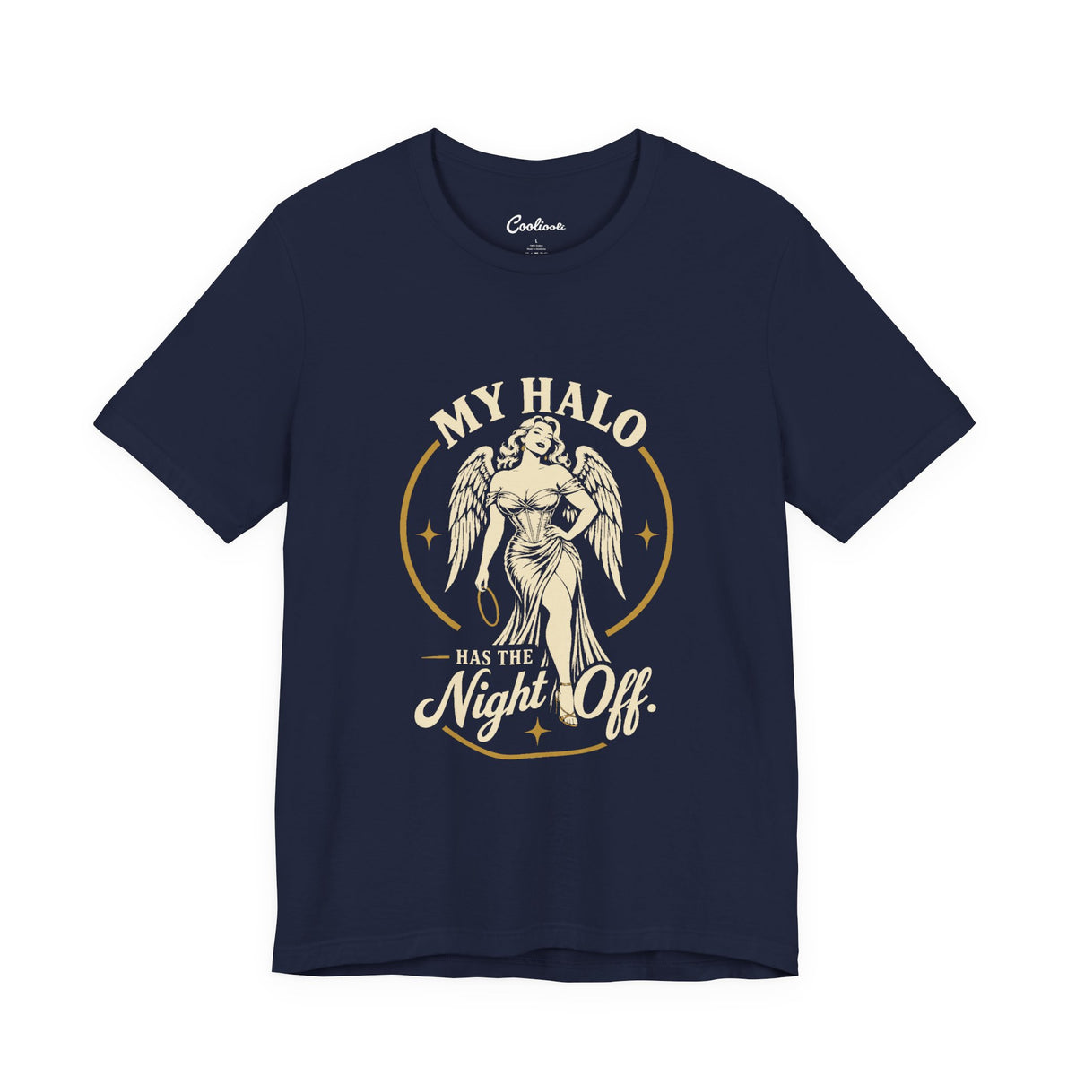 Navy Cooliooli tee with a winged angel holding her halo: My Halo Has the Night Off.