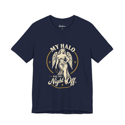 Navy Cooliooli tee with a winged angel holding her halo: My Halo Has the Night Off.