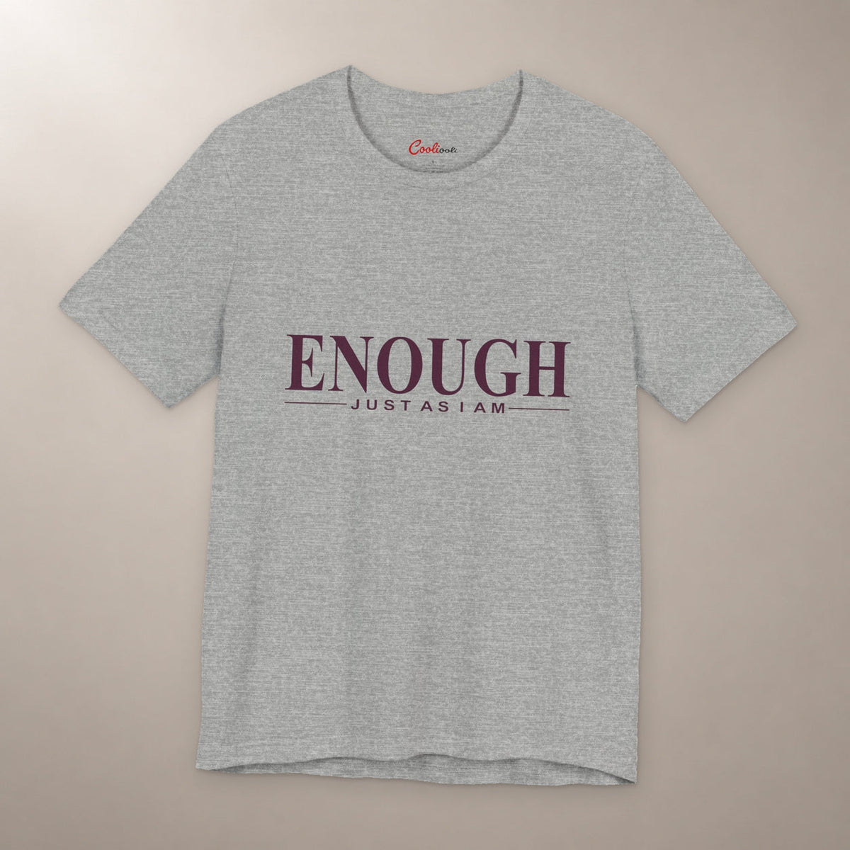 Nothing to Prove. Bella+Canvas 3001 T-shirt in Athletic Heather, front flat lay with Enough / Just as I am lettering on a plain warm neutral background.