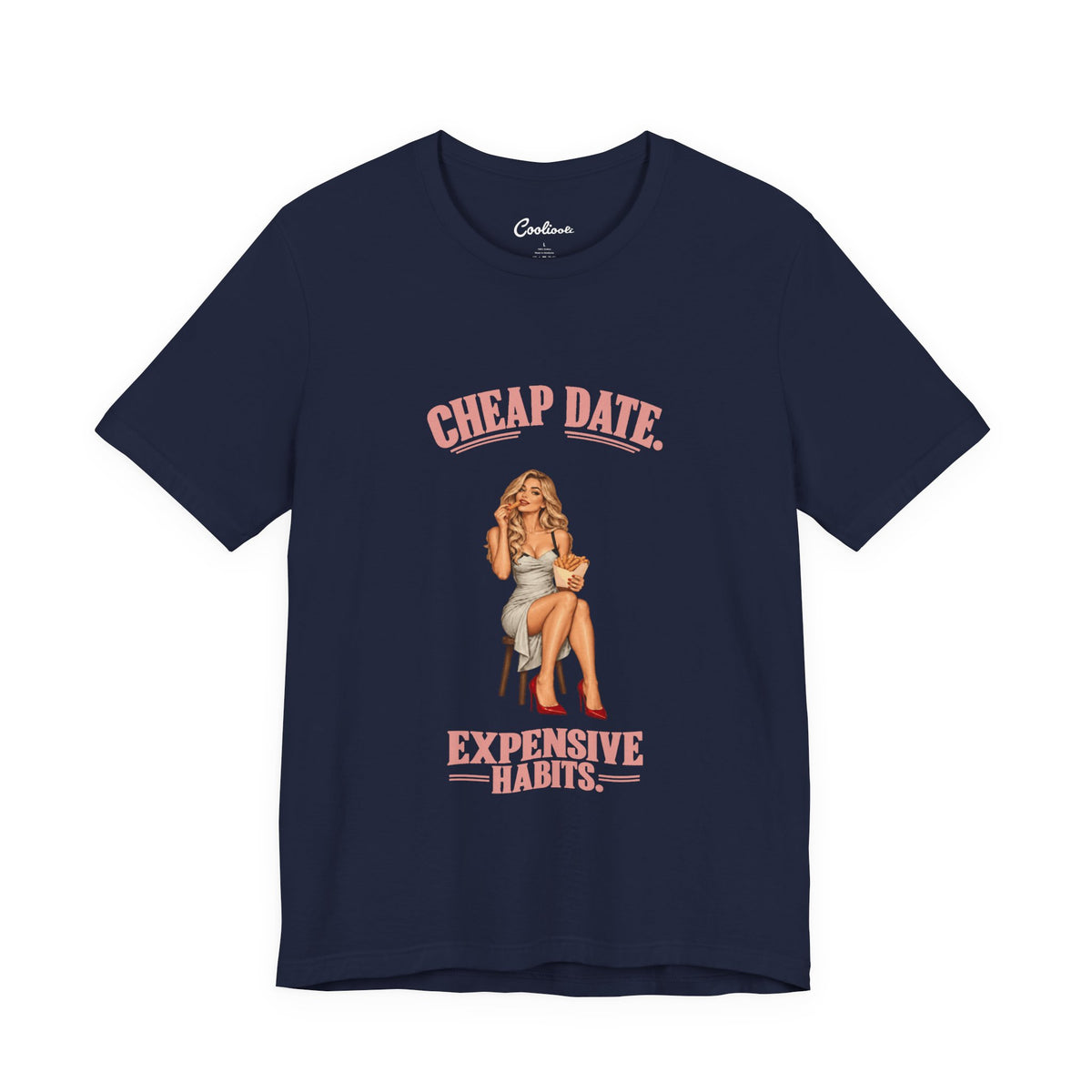 Cheap Date. Expensive Habits. Bella+Canvas 3001 T-shirt in Navy, front flat lay with coral lettering and cream dress, red heels and chips illustration.