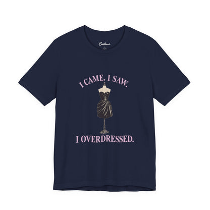 Navy Cooliooli tee featuring a little black dress on a mannequin: I came. I saw. I overdressed.
