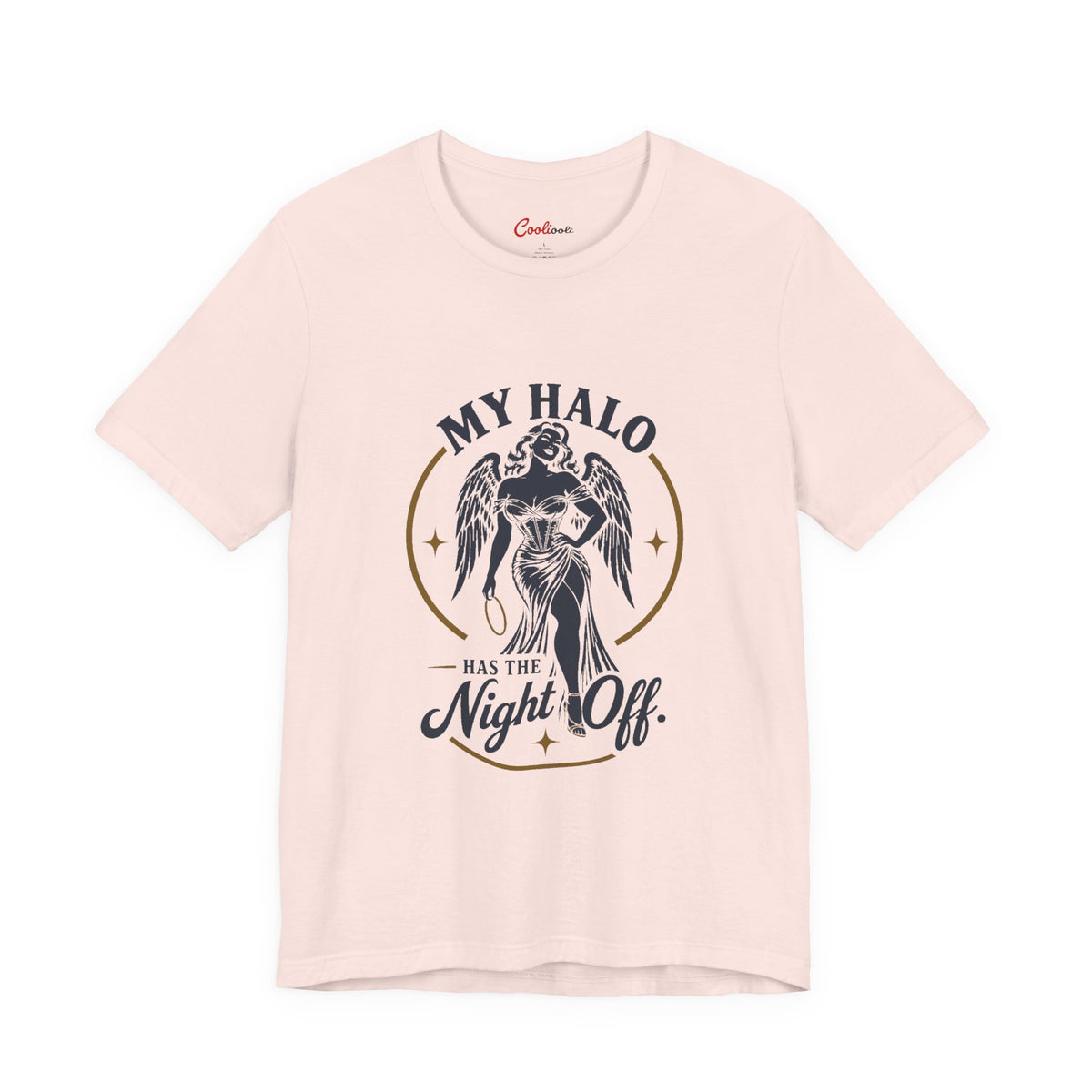 Soft Pink Cooliooli tee with a winged angel holding her halo: My Halo Has the Night Off.