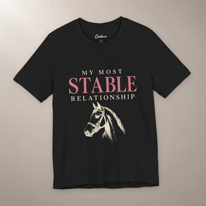 Finally, Someone Dependable. Bella+Canvas 3001 tee in black, flat lay with My Most Stable Relationship lettering and a bridled horse on a plain warm neutral background.