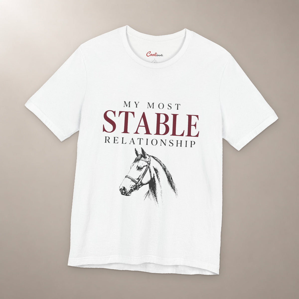 Finally, Someone Dependable. Bella+Canvas 3001 tee in white, flat lay with My Most Stable Relationship lettering and a bridled horse on a plain warm neutral background.