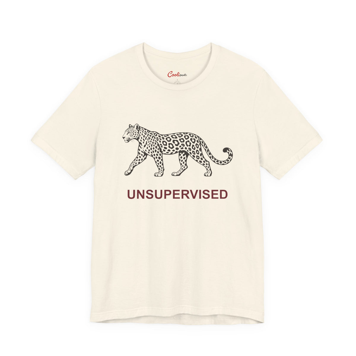 UNSUPERVISED leopard graphic on the Natural Bella+Canvas 3001 tee — accurate supplier front colour view