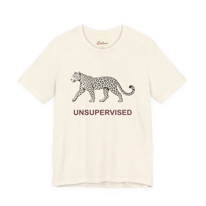 UNSUPERVISED leopard graphic on the Natural Bella+Canvas 3001 tee — accurate supplier front colour view