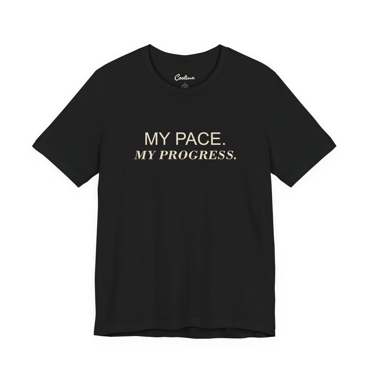 MY PACE. MY PROGRESS. on the Black Bella+Canvas 3001 tee — accurate supplier front colour mockup