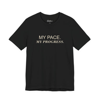MY PACE. MY PROGRESS. on the Black Bella+Canvas 3001 tee — accurate supplier front colour mockup