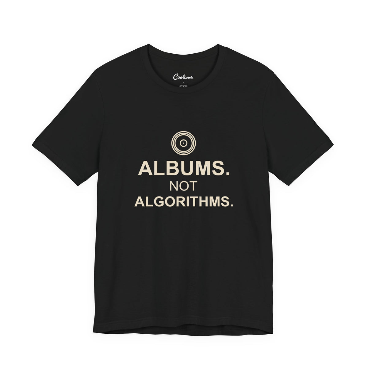 ALBUMS. NOT ALGORITHMS. — Black Bella+Canvas 3001, accurate supplier front view
