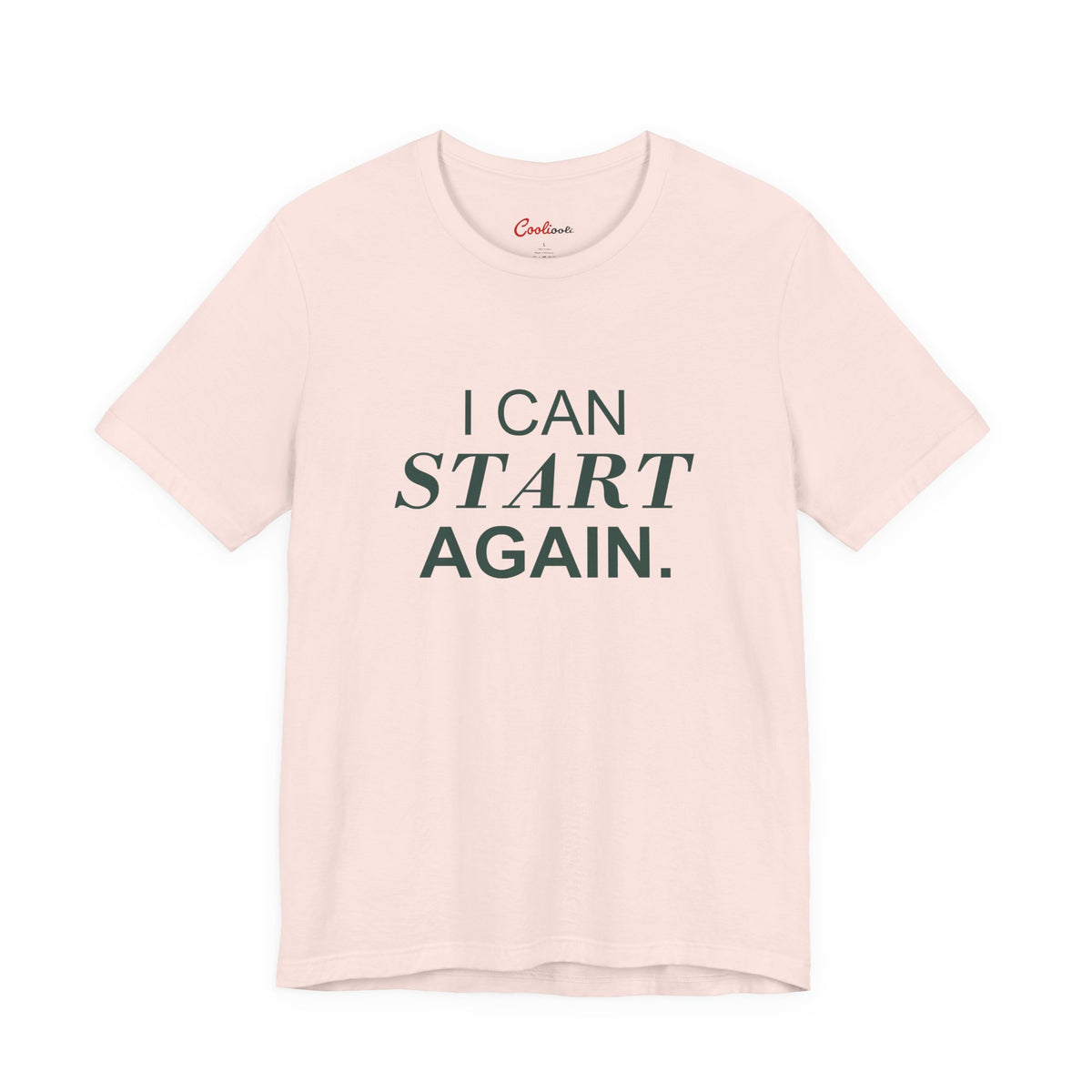 I CAN START AGAIN. Bella+Canvas 3001 T-shirt — Soft Pink, accurate supplier front flat lay