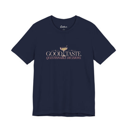 Navy Cooliooli tee with cocktail illustration and lettering: Good taste. Questionable decisions.