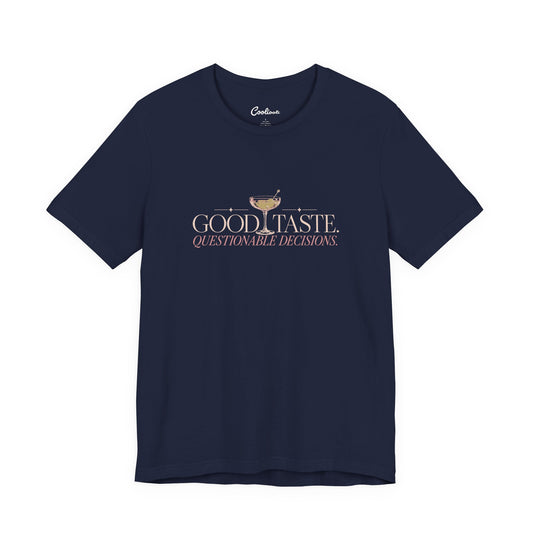 Navy Cooliooli tee with cocktail illustration and lettering: Good taste. Questionable decisions.