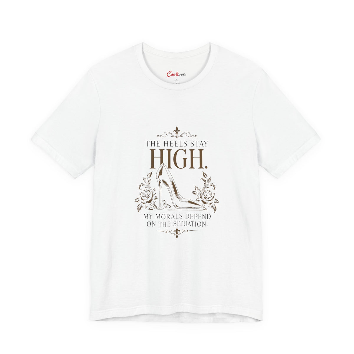 White Cooliooli tee with ornate stiletto and roses: The heels stay high. My morals depend on the situation.
