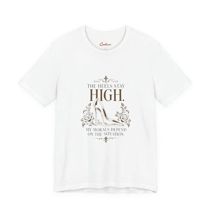 White Cooliooli tee with ornate stiletto and roses: The heels stay high. My morals depend on the situation.