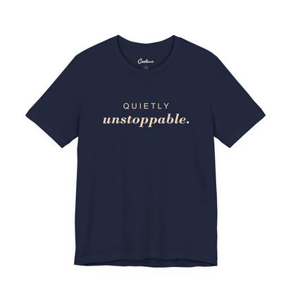 Quietly Unstoppable affirmation tee in Navy; supplier front view showing print placement.