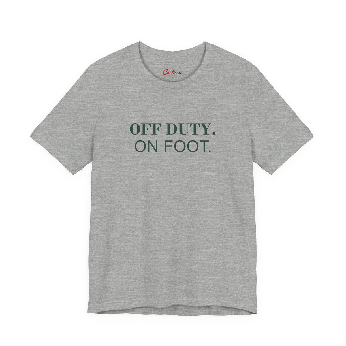 OFF DUTY. ON FOOT. on the Athletic Heather Bella+Canvas 3001 tee — accurate supplier front colour mockup