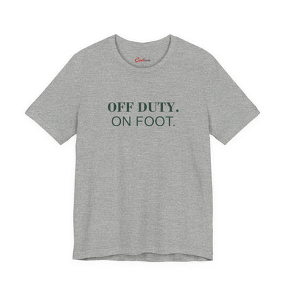 OFF DUTY. ON FOOT. on the Athletic Heather Bella+Canvas 3001 tee — accurate supplier front colour mockup