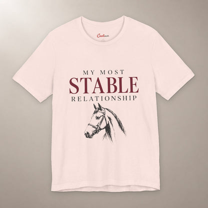 Finally, Someone Dependable. Bella+Canvas 3001 tee in soft pink, flat lay with My Most Stable Relationship lettering and a bridled horse on a plain warm neutral background.