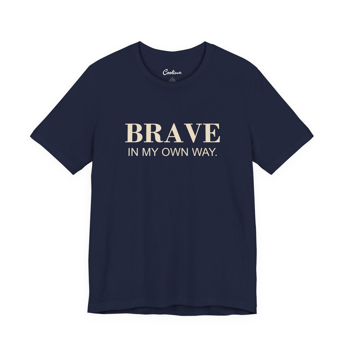 BRAVE IN MY OWN WAY. Bella+Canvas 3001 T-shirt — Navy, accurate supplier front flat lay