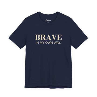 BRAVE IN MY OWN WAY. Bella+Canvas 3001 T-shirt — Navy, accurate supplier front flat lay