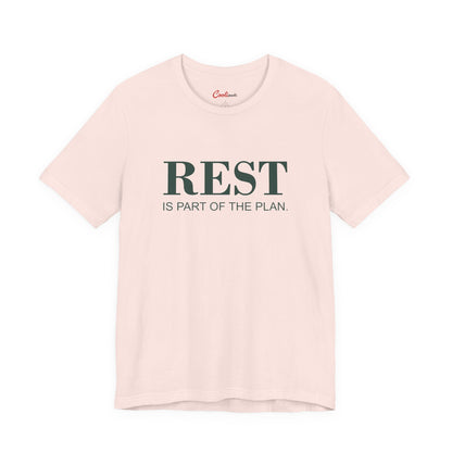 REST IS PART OF THE PLAN. — Soft Pink Bella+Canvas 3001 full front flat lay