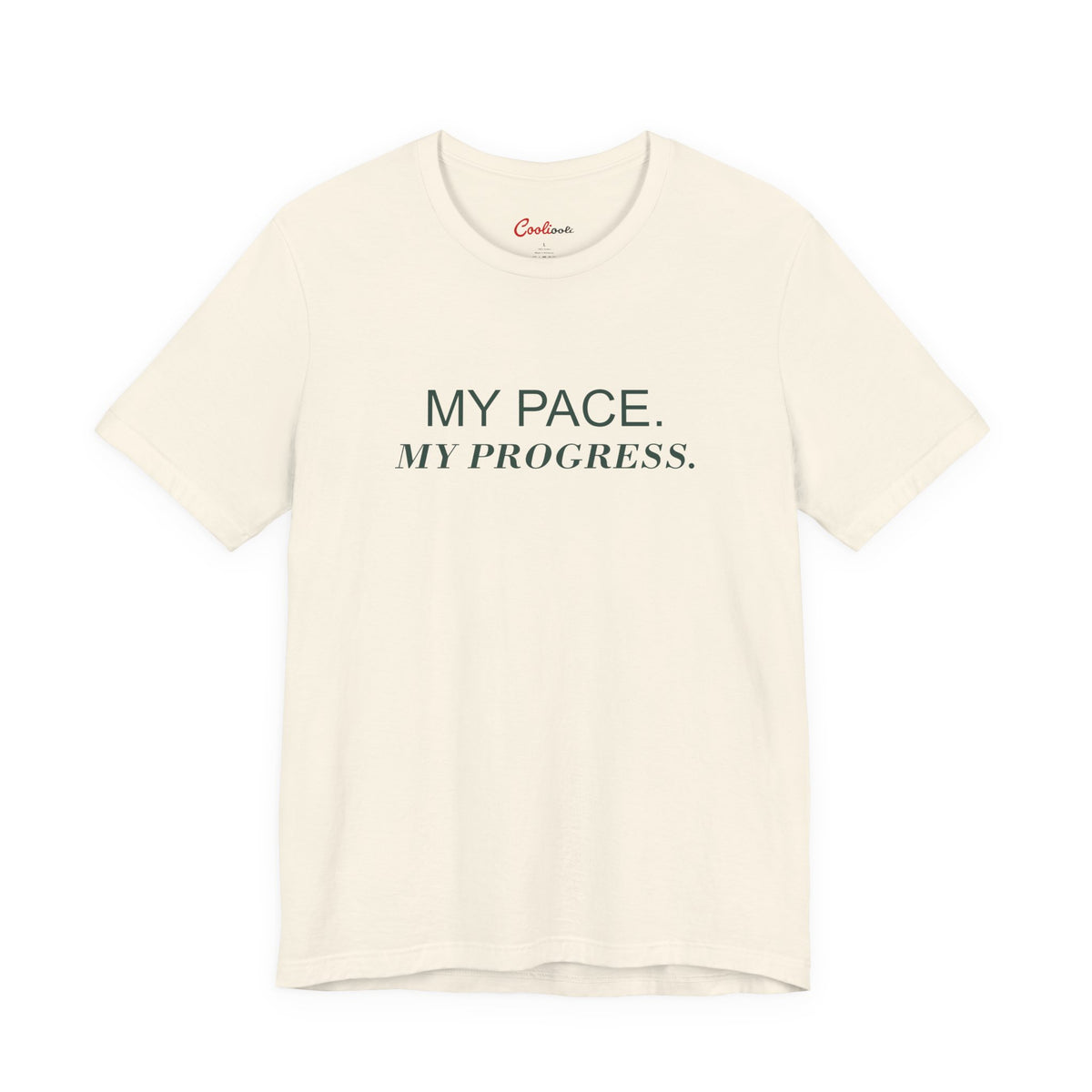 MY PACE. MY PROGRESS. on the Natural Bella+Canvas 3001 tee — accurate supplier front colour mockup