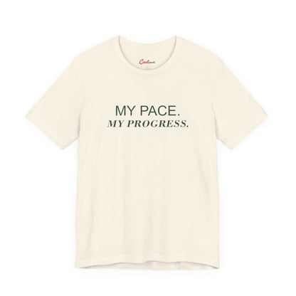 MY PACE. MY PROGRESS. on the Natural Bella+Canvas 3001 tee — accurate supplier front colour mockup