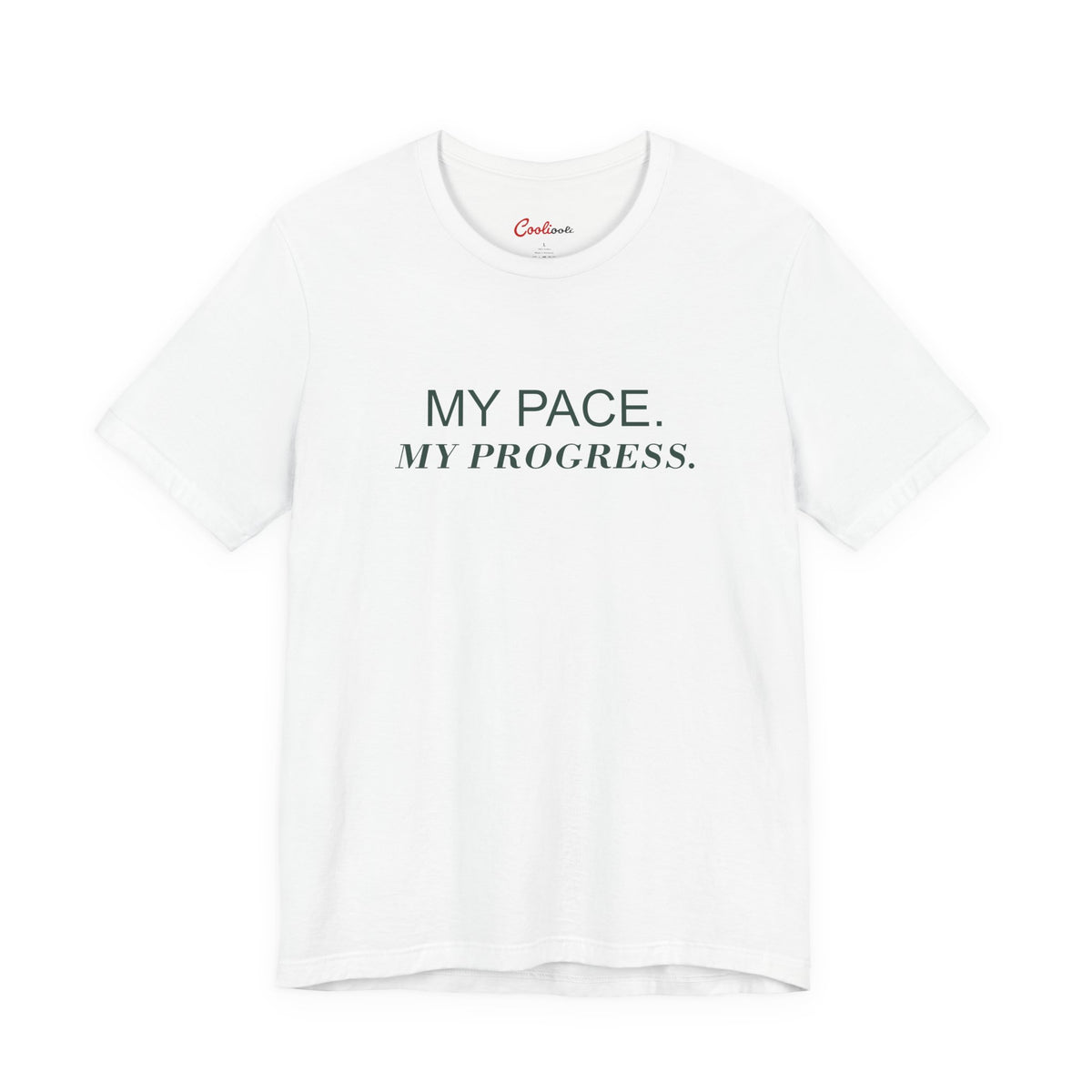 MY PACE. MY PROGRESS. on the White Bella+Canvas 3001 tee — accurate supplier front colour mockup