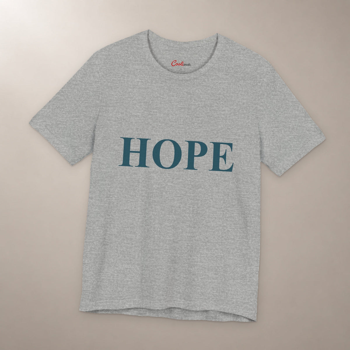 Better Days Look Good on You. Bella+Canvas 3001 T-shirt in Athletic Heather, front flat lay showing HOPE serif lettering on a plain warm neutral background.