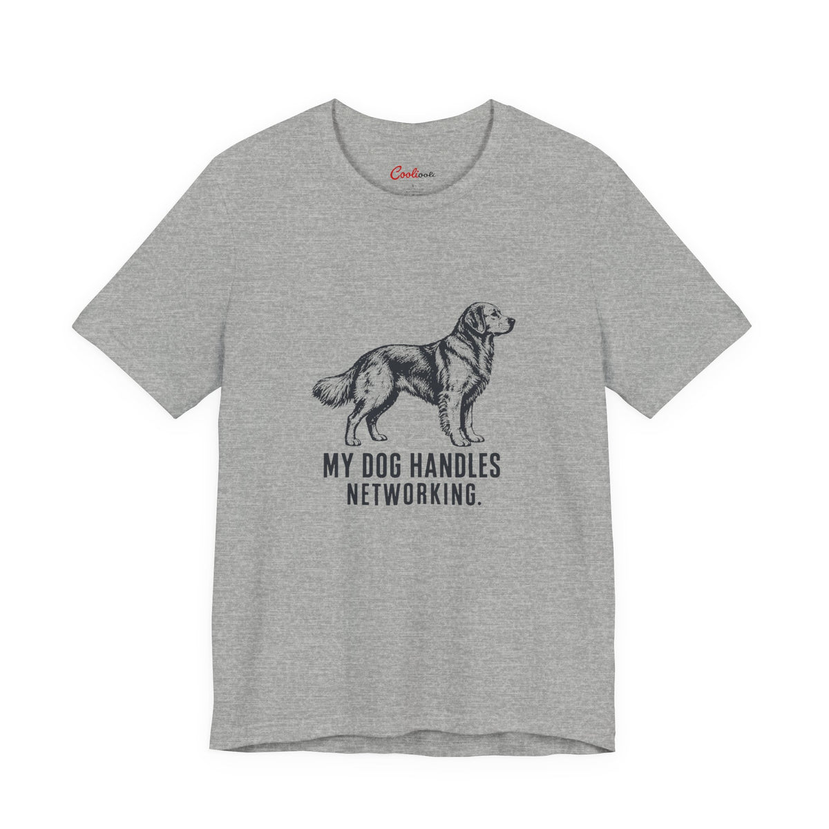 My Dog Handles Networking funny t-shirt flat lay in a heather colourway, introvert and dog owner gift tee