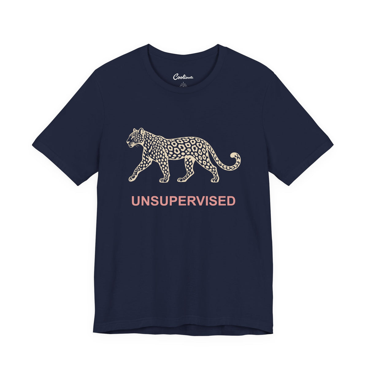 UNSUPERVISED leopard graphic on the Navy Bella+Canvas 3001 tee — accurate supplier front colour view