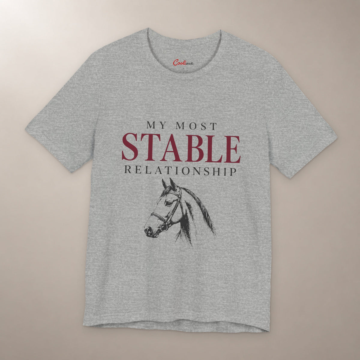 Finally, Someone Dependable. Bella+Canvas 3001 tee in athletic heather, flat lay with My Most Stable Relationship lettering and a bridled horse on a plain warm neutral background.