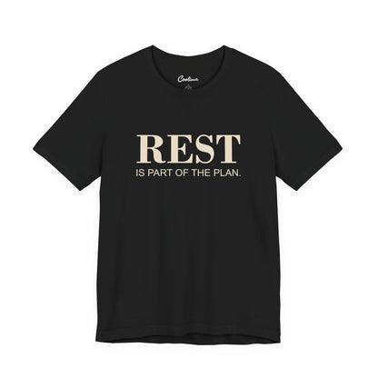 REST IS PART OF THE PLAN. — Black Bella+Canvas 3001 full front flat lay