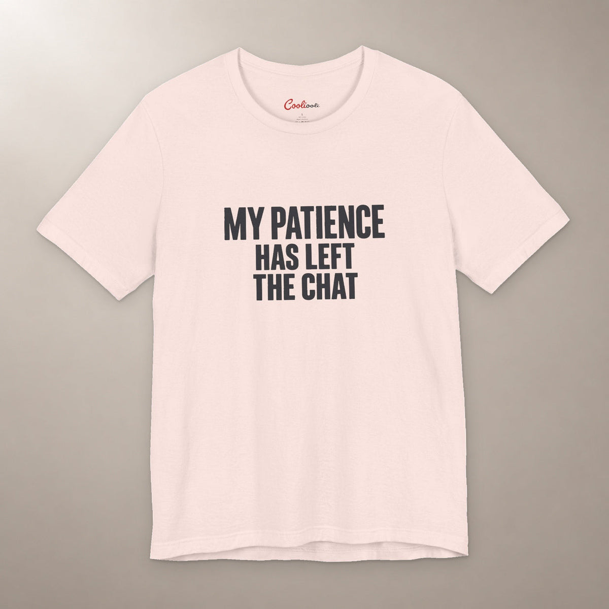 Replies Are No Longer Being Accepted. Bella+Canvas 3001 T-shirt in Soft Pink, front flat lay with My Patience Has Left the Chat lettering on a plain warm neutral background.