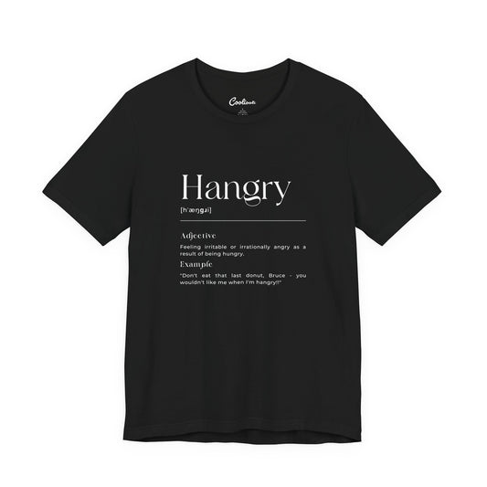 Hangry funny t-shirt flat lay in a heather colourway, foodie humour gift tee
