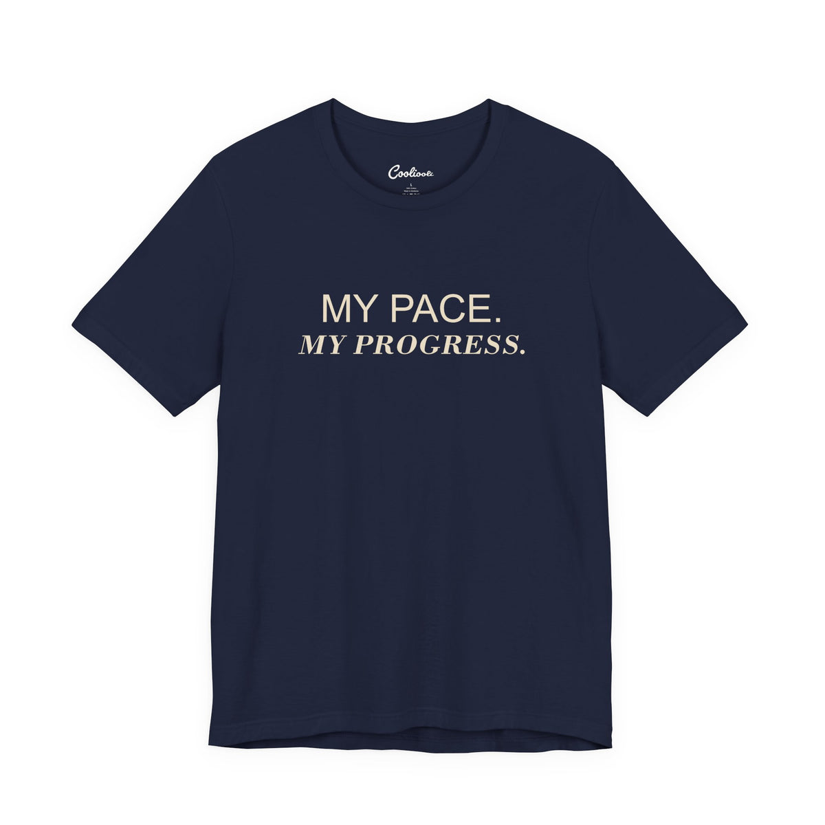 MY PACE. MY PROGRESS. on the Navy Bella+Canvas 3001 tee — accurate supplier front colour mockup