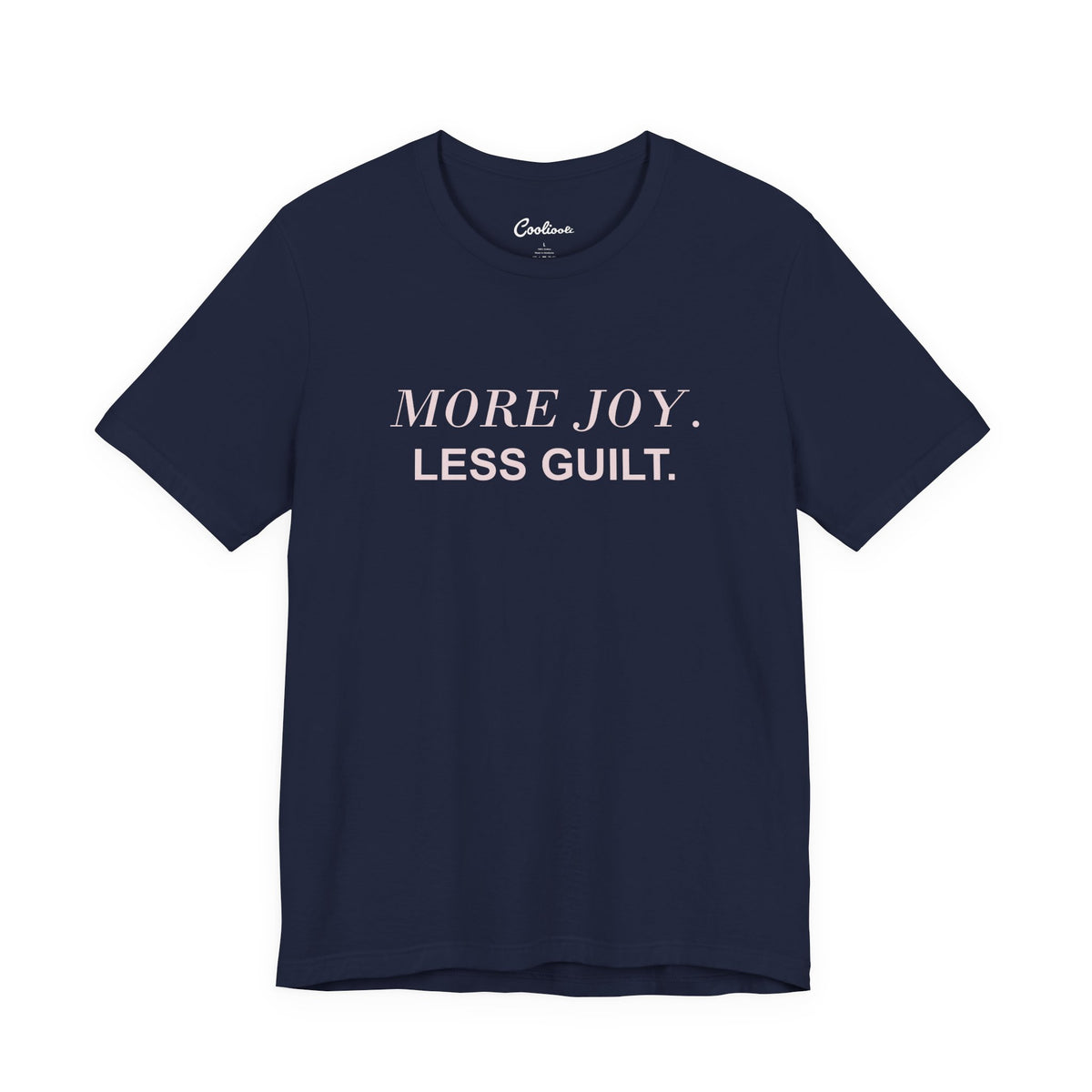MORE JOY. LESS GUILT. — Navy Bella+Canvas 3001 full front flat lay