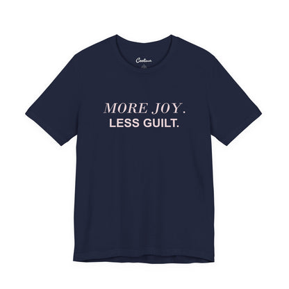 MORE JOY. LESS GUILT. — Navy Bella+Canvas 3001 full front flat lay