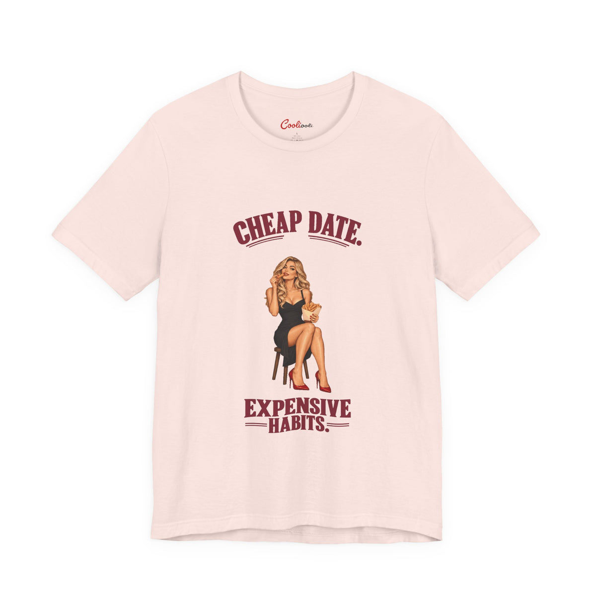 Cheap Date. Expensive Habits. Bella+Canvas 3001 T-shirt in Soft Pink, front flat lay with burgundy lettering and black dress, red heels and chips illustration.