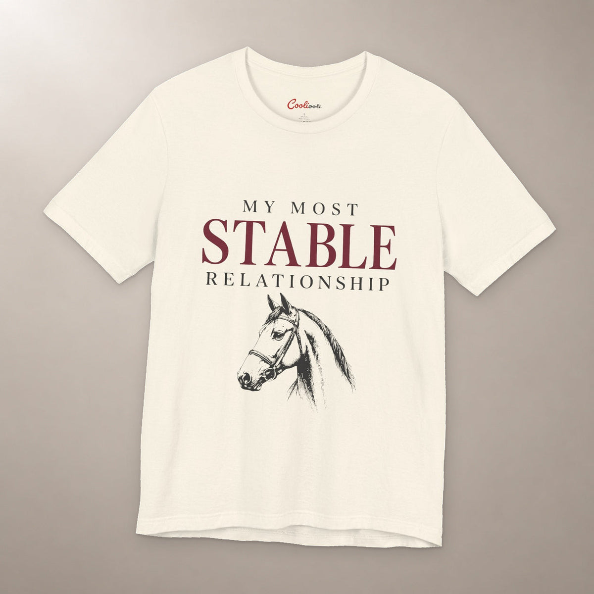 Finally, Someone Dependable. Bella+Canvas 3001 tee in natural, flat lay with My Most Stable Relationship lettering and a bridled horse on a plain warm neutral background.