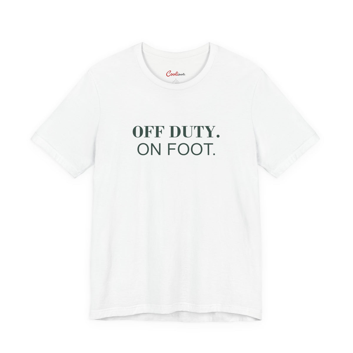 OFF DUTY. ON FOOT. on the White Bella+Canvas 3001 tee — accurate supplier front colour mockup