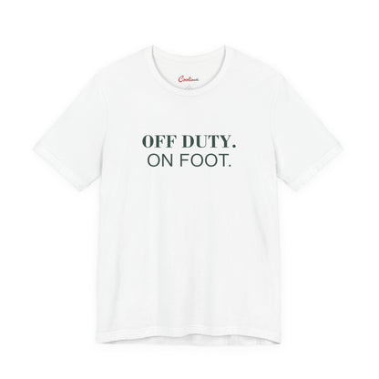 OFF DUTY. ON FOOT. on the White Bella+Canvas 3001 tee — accurate supplier front colour mockup