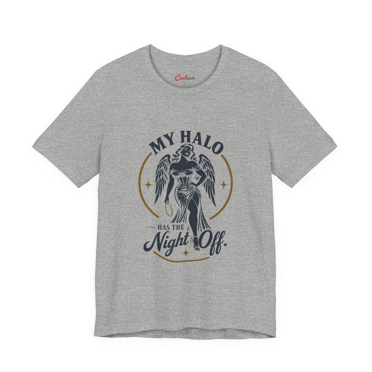 Athletic Heather Cooliooli tee with a winged angel holding her halo: My Halo Has the Night Off.